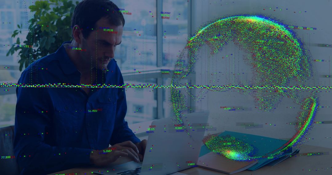Professional Analyzing Data on Laptop with Futuristic Glitch Effects