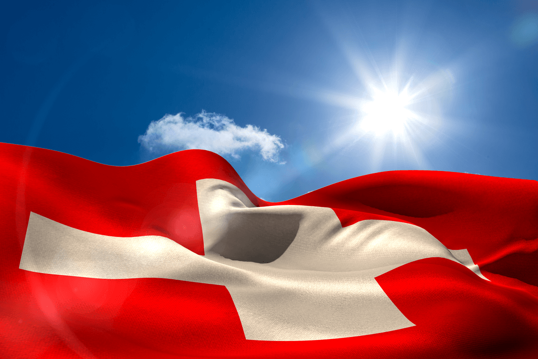 Wave of Swiss Flag on Transparent Background with Shining Sun