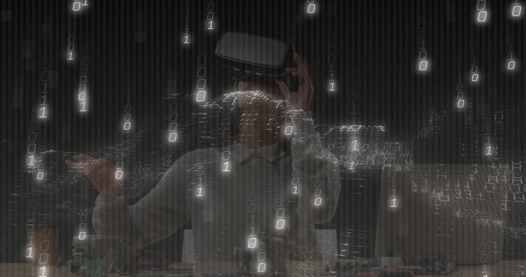 Programmer Using VR Headset with Binary Code Overlay in Tech Lab