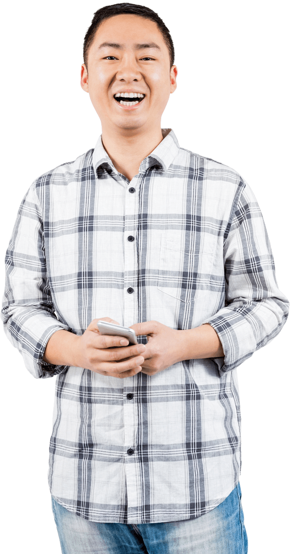 Transparent Background Smiling Man Holding Phone