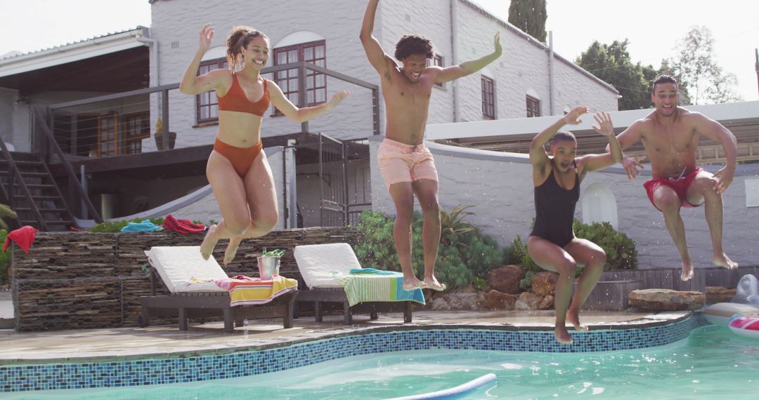 Diverse Friends Enjoying Summer Pool Party with Joyful Jump
