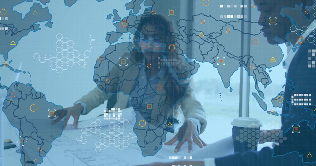 Business Team Analyzing Global Strategies with Data Visualization