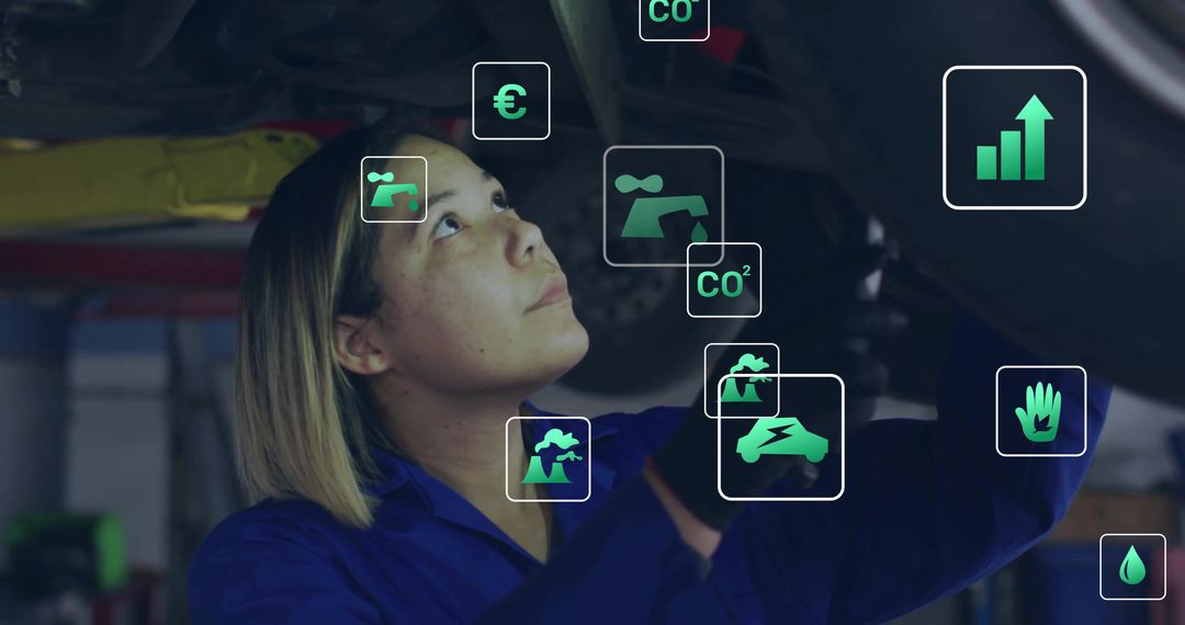 Mechanic Inspecting Car with Floating Data Icons in Garage