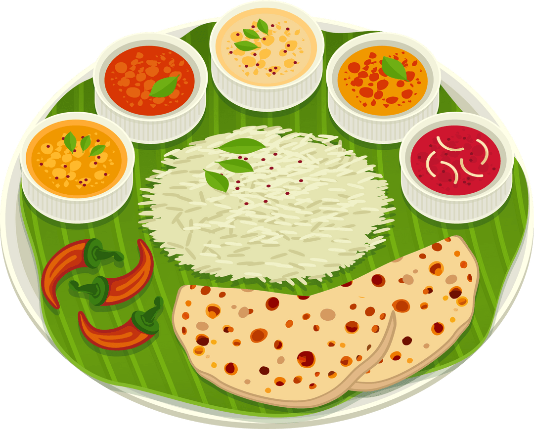 Vibrant South Indian Meal on Banana Leaf with Transparency