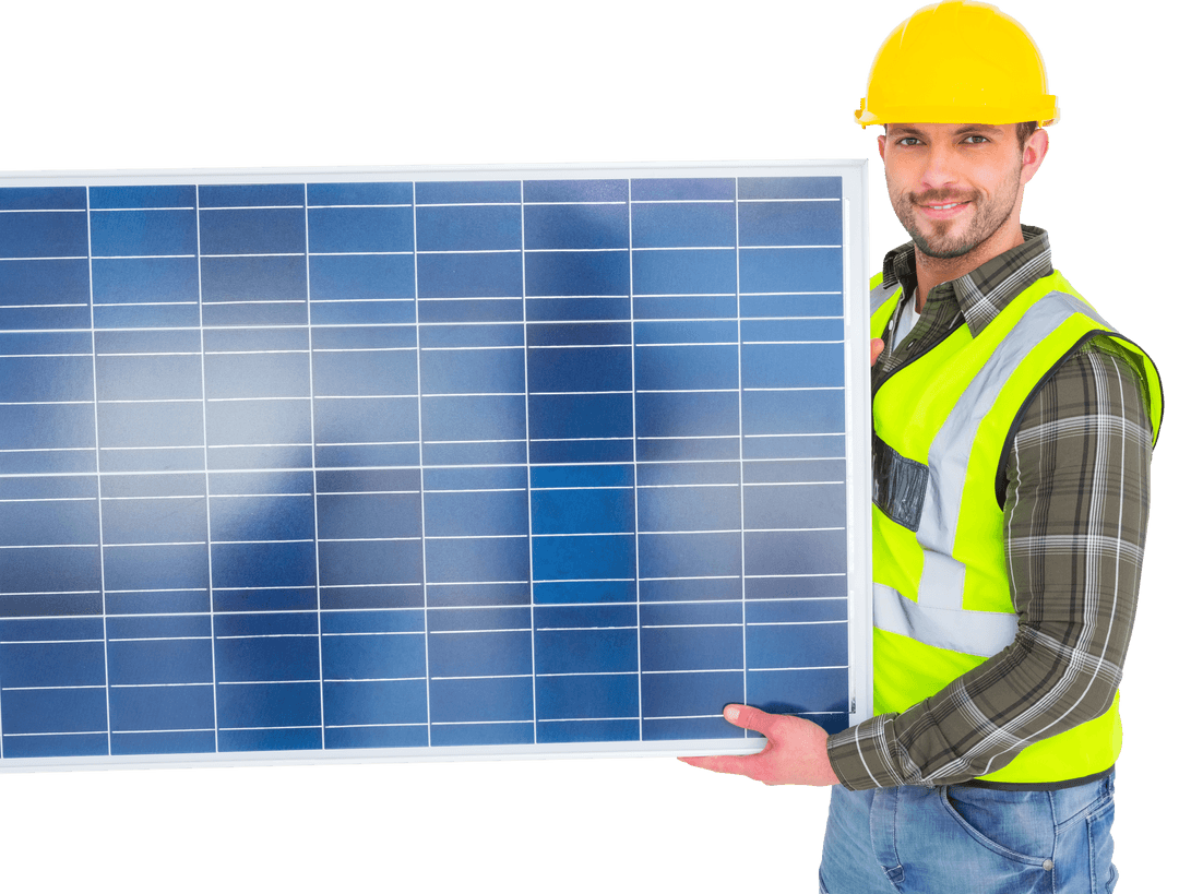 Smiling Worker Carrying Transparent Solar Panel in Protective Gear