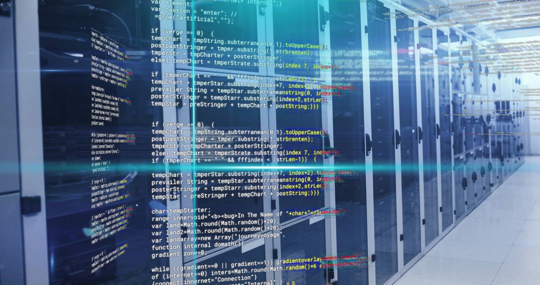 Data Code Overlays on Server Room in Modern Data Center