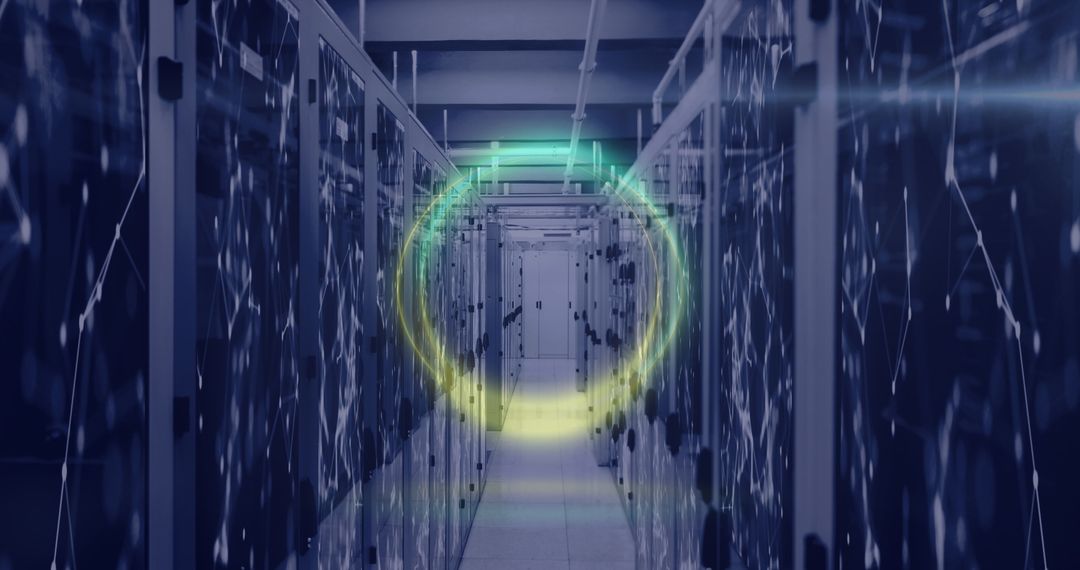 Futuristic Server Room with Neon Lights and Digital Interface Elements