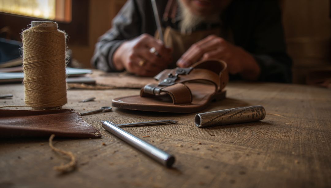 Craftsman stitching leather sandal on rustic wooden bench with cobbler tools and spool