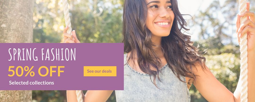 Spring fashion sale 50% off with smiling woman on swing