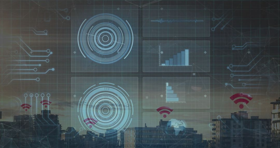 Futuristic HUD Interface on Urban Skyline at Dusk