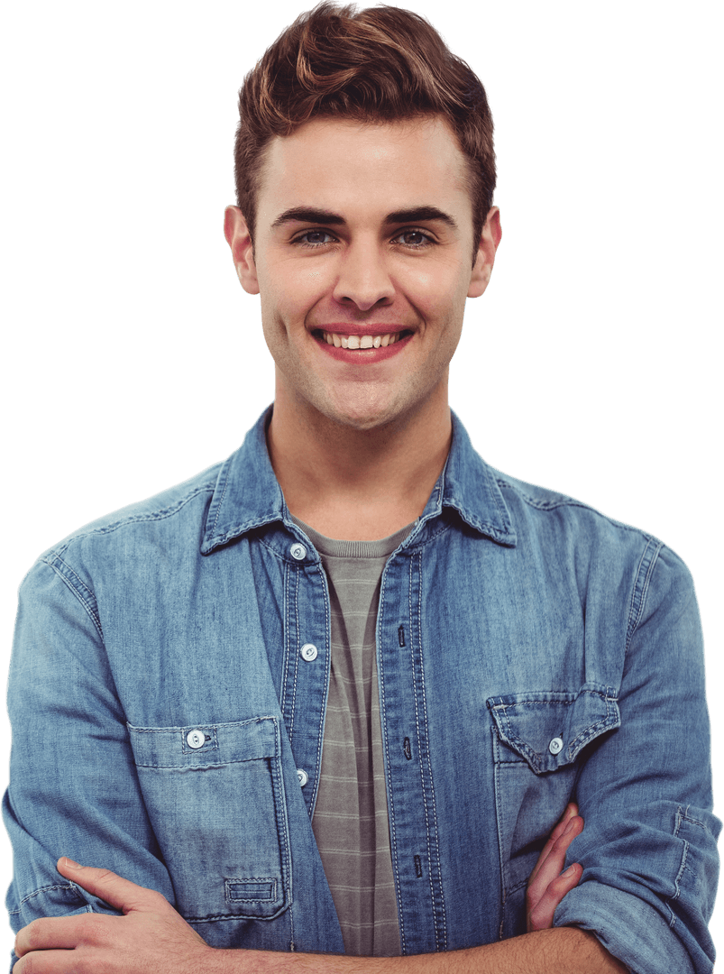 Smiling Caucasian Man in Denim Jacket on Transparent Background