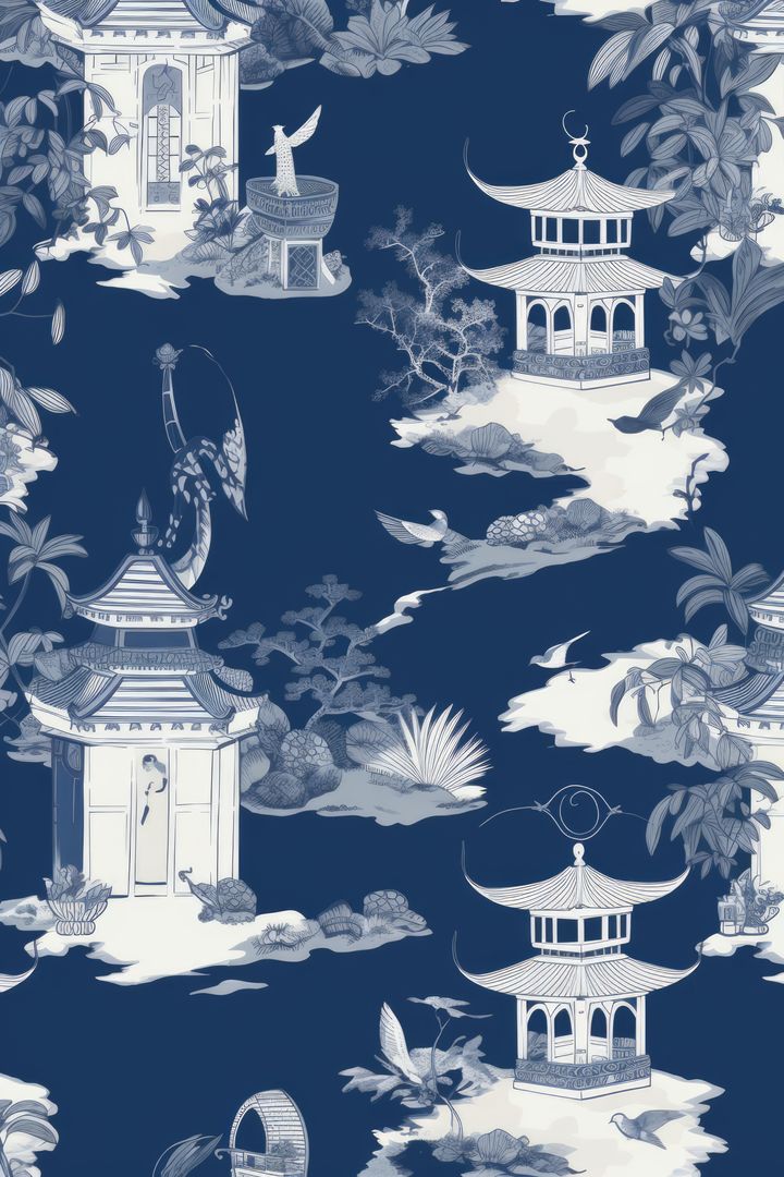 Repeatable pattern of chinoiserie on blue background, created using generative ai technology - Free Images, Stock Photos and Pictures on Pikwizard.com