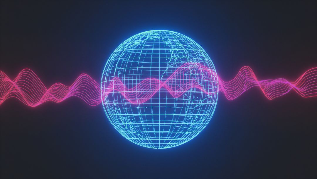 Futuristic Wireframe Globe with Pink Waveform in Digital Space