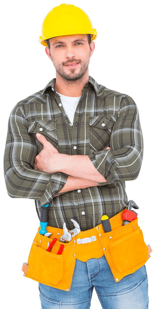 Confident Manual Worker Standing with Tools on White Background