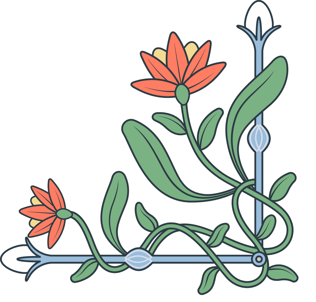 Transparent Botanical Corner Frame with Orange Daisies and Green Leaves