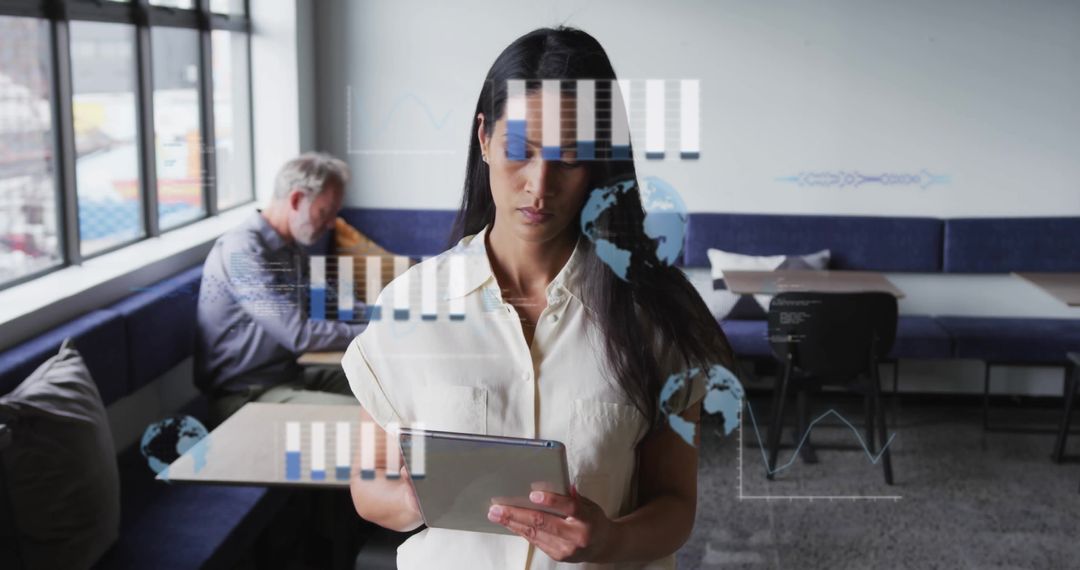 Biracial Businesswoman Using Tablet with Financial Data Overlay in Modern Office