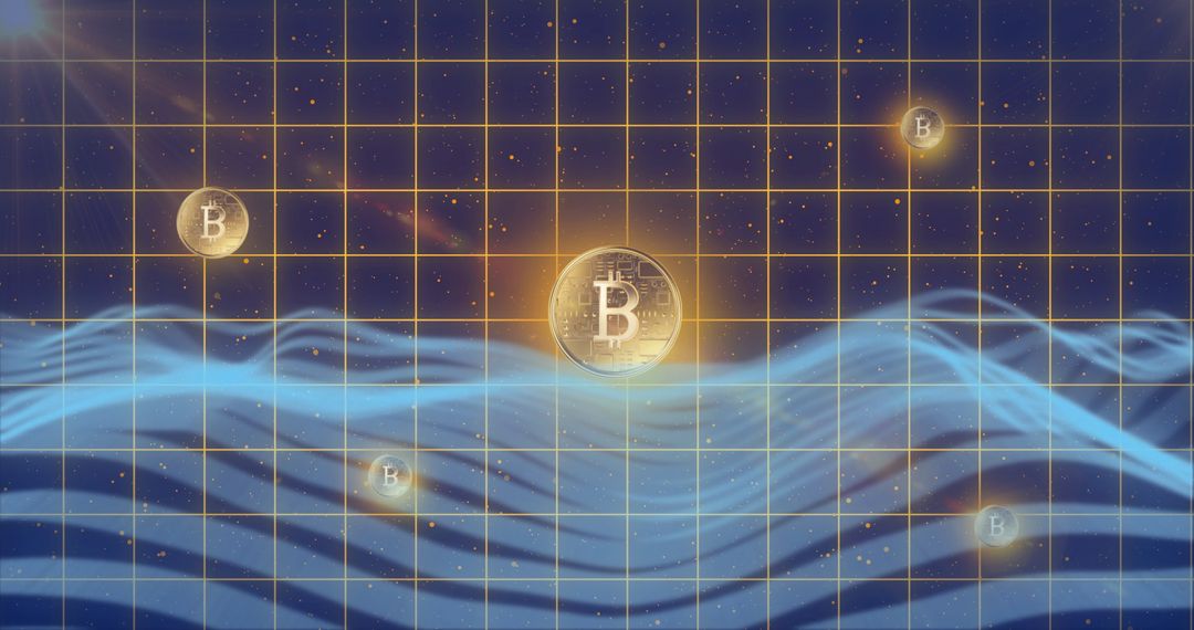 Bitcoin Over Grid with Digital Waves Showcasing Blockchain