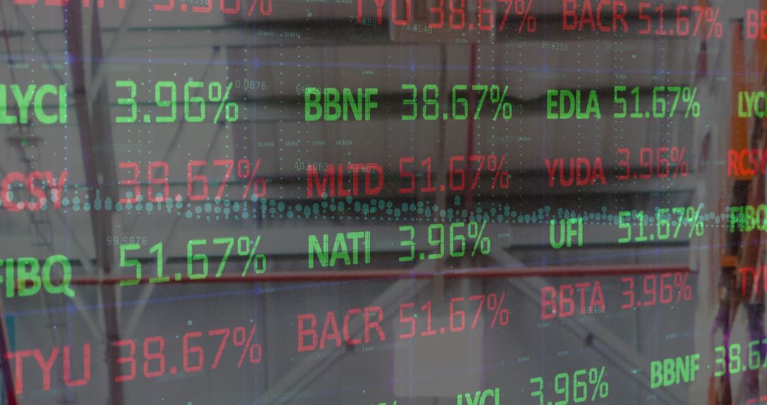 Digital Financial Data Superimposed on Empty Warehouse Interior