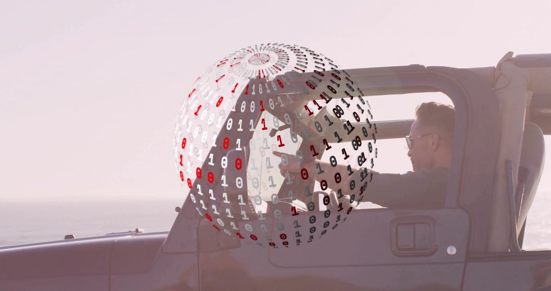 Man Driving Open-Top SUV by Ocean with Binary Digital Sphere Overlay