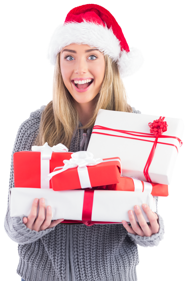 Cheerful Woman in Santa Hat Holding Holiday Presents Transparent Background - Download Free Stock Images Pikwizard.com