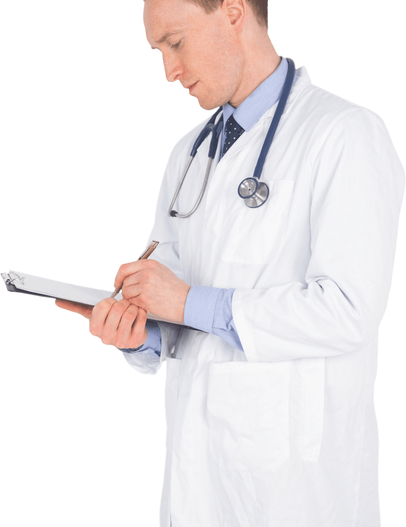 Transparent Male Doctor Writing on Clipboard in Lab Coat