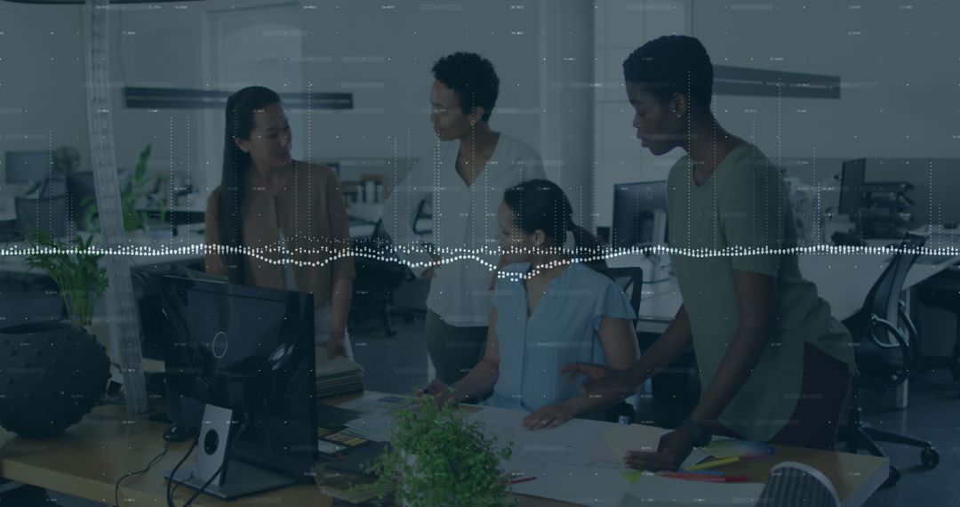 Diverse Business Team Collaborating with Data Interface Overlay