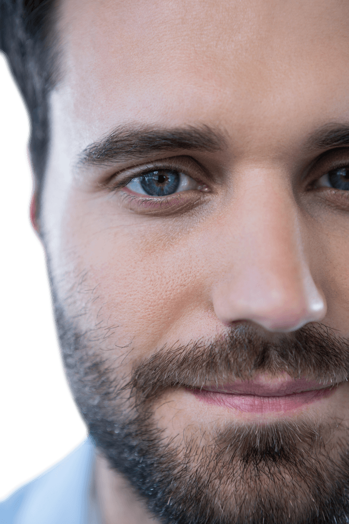 Close-Up Portrait of Man with Blue Eyes on Transparent Background