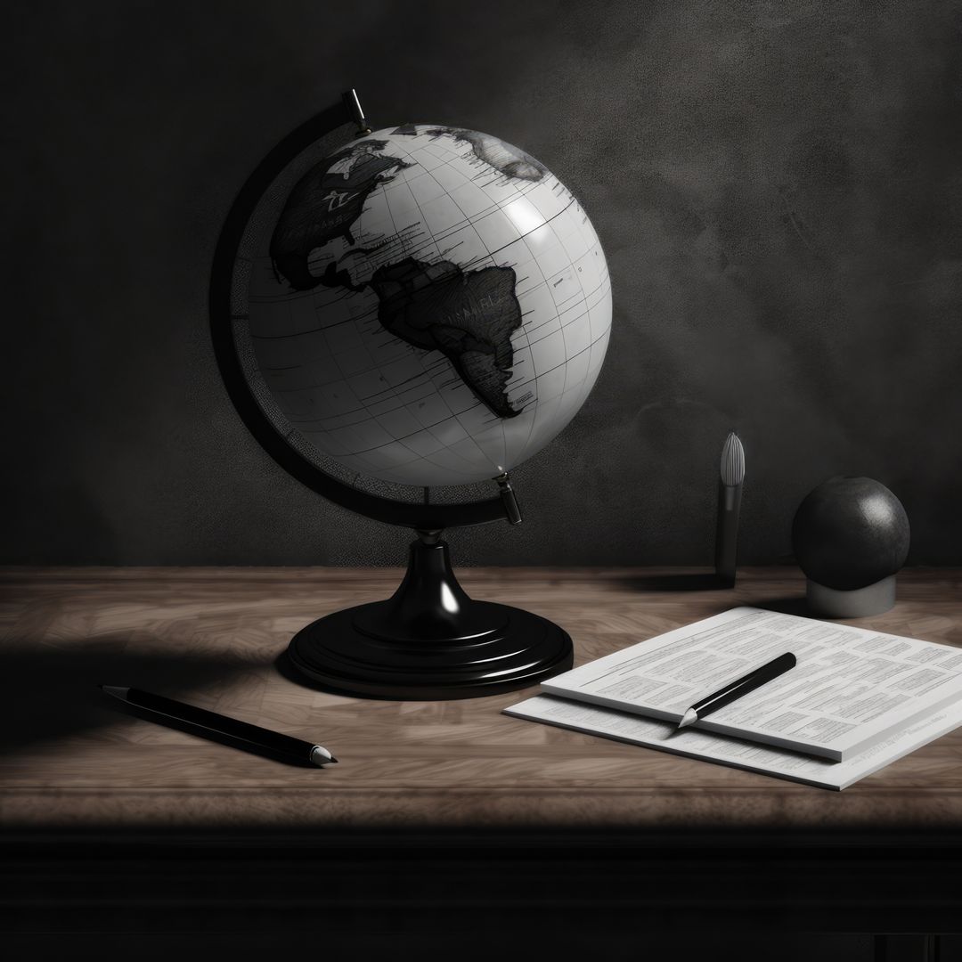A globe, book, and pen rest on a wooden desk, with copy space - Free Images, Stock Photos and Pictures on Pikwizard.com