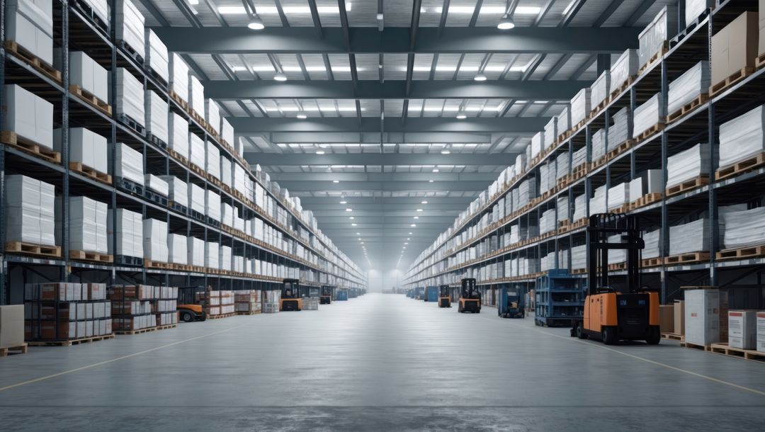 Expansive Warehouse Aisle with Floating Shelves and Stationary Forklifts