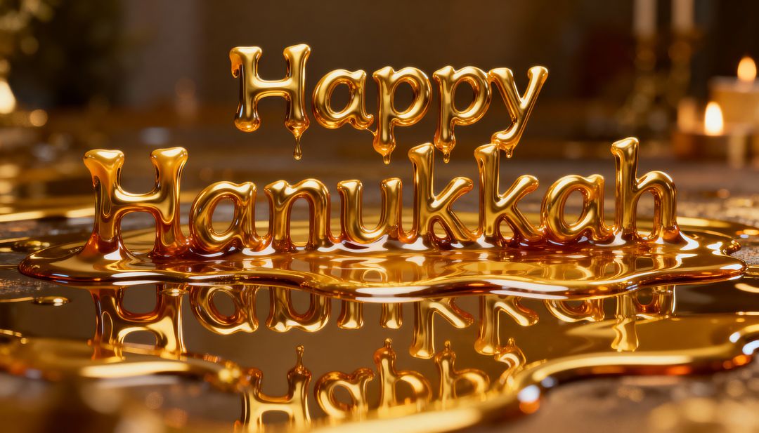 Melting Gold Happy Hanukkah Lettering Gleaming and Reflecting Candlelight on Tabletop