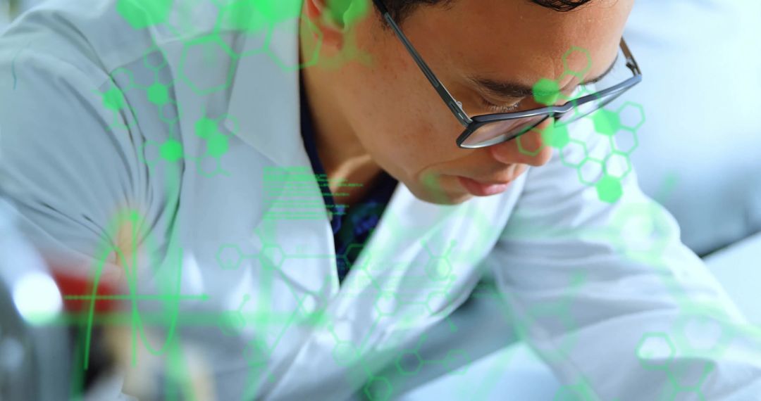 Scientist Analyzing Data with Molecular Overlay, Innovation in Biotech