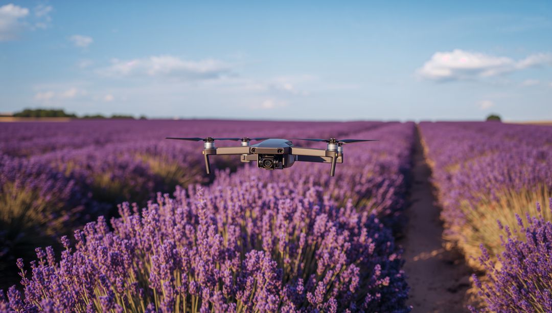 Drone Hovering Over Lavender Field at Sunset Capturing Aerial Farm Landscape