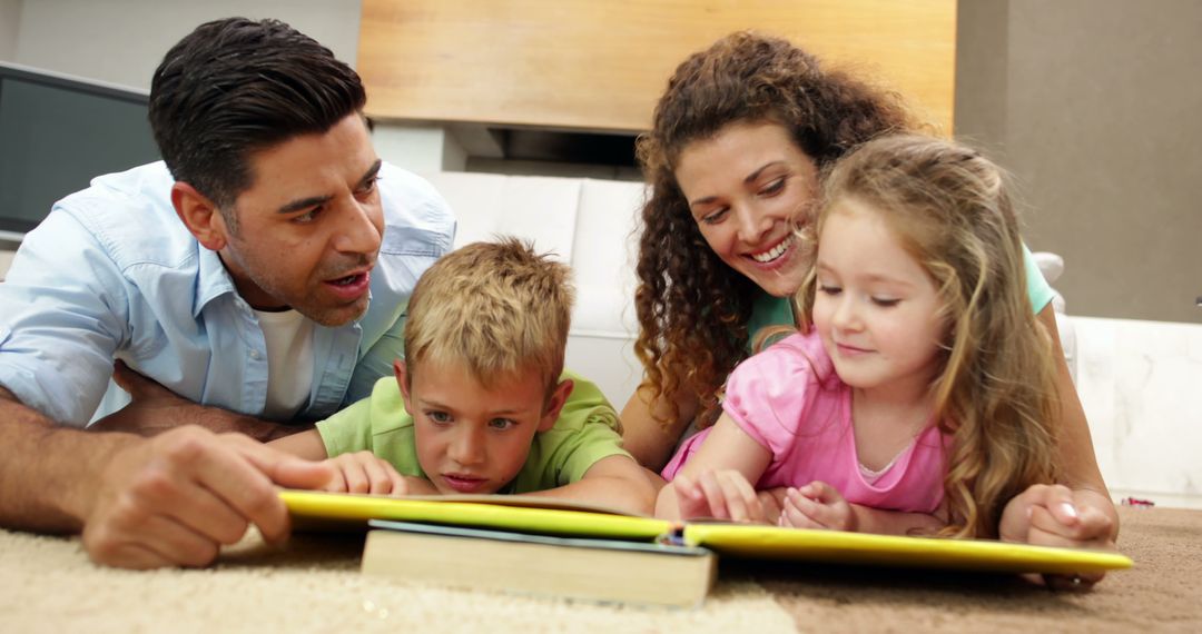 Family Reading Together on Living Room Floor - Free Images, Stock Photos and Pictures on Pikwizard.com