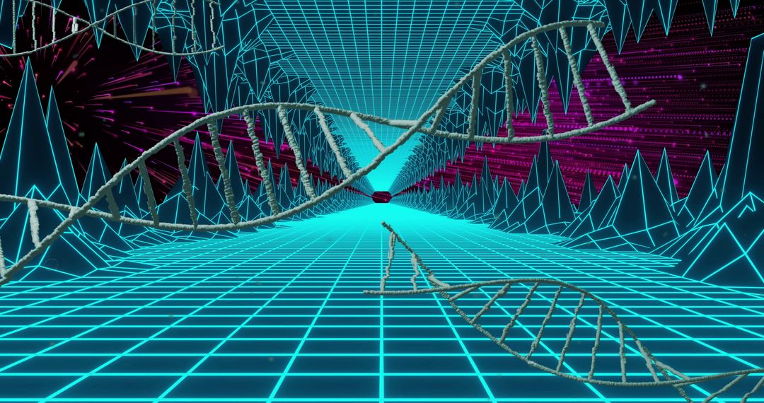Futuristic DNA Helix in Neon Virtual Tunnel