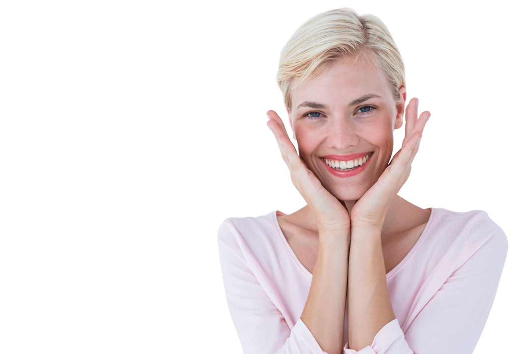 Joyful Blonde Woman with Hands on Face on Transparent Background