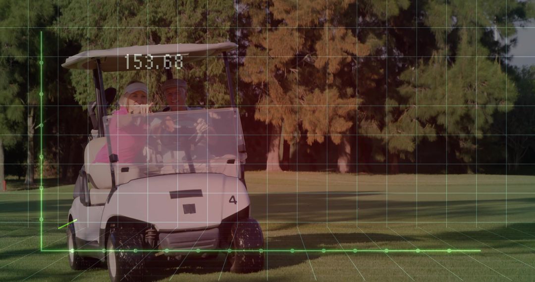 Couple Enjoying Golf Cart Ride with Data Analytics Overlay