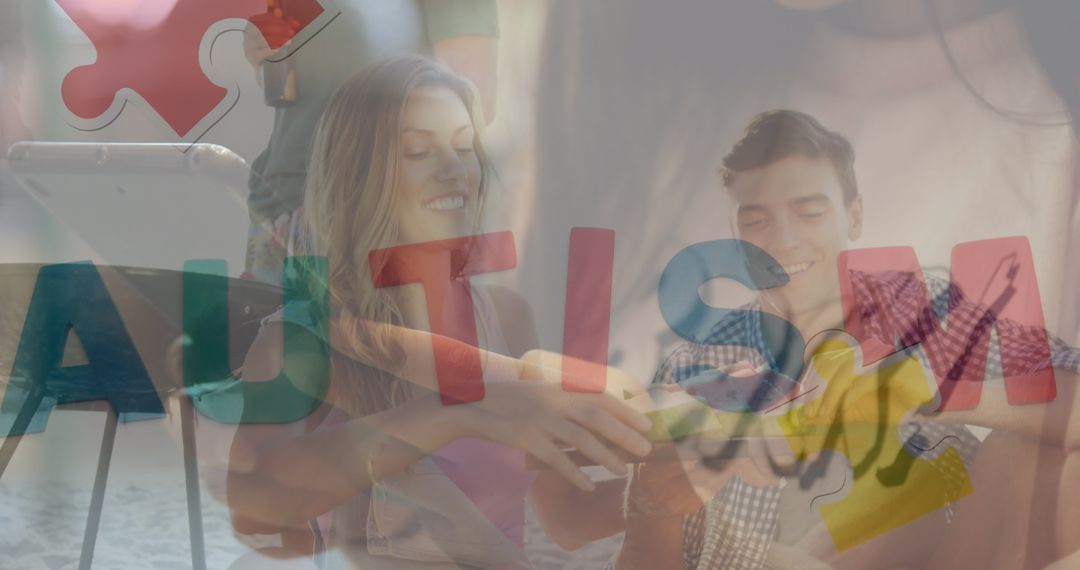 Diverse Group Working on Autism Awareness Project with Puzzle Piece