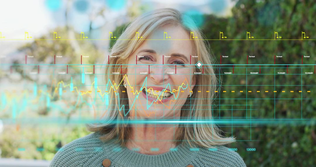 Mature woman smiling in garden wearing knit sweater with hologram data visualization overlay