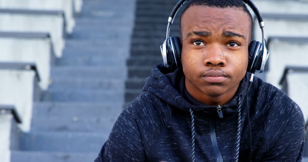 Young African American Man Listening to Music on Headphones Outdoors - Free Images, Stock Photos and Pictures on Pikwizard.com