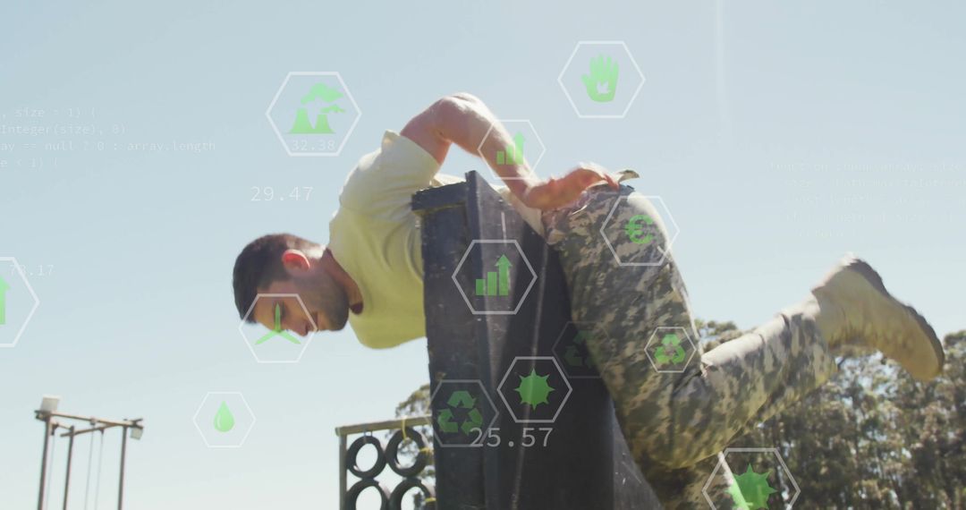 Man Vaulting Obstacle on Outdoor Course with AR Interface