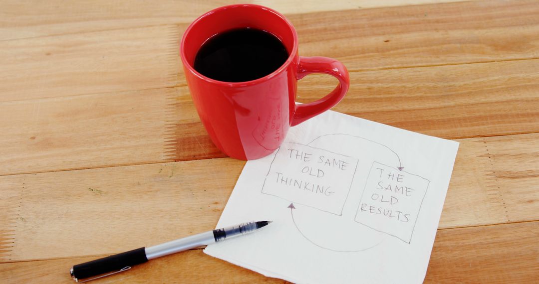 A red coffee mug and an inspirational note invite reflection during a break. - Free Images, Stock Photos and Pictures on Pikwizard.com