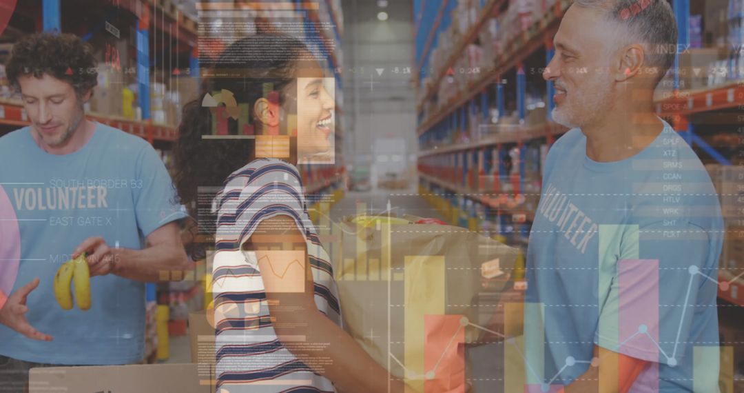 Warehouse Volunteers Managing Inventory with Data Overlay