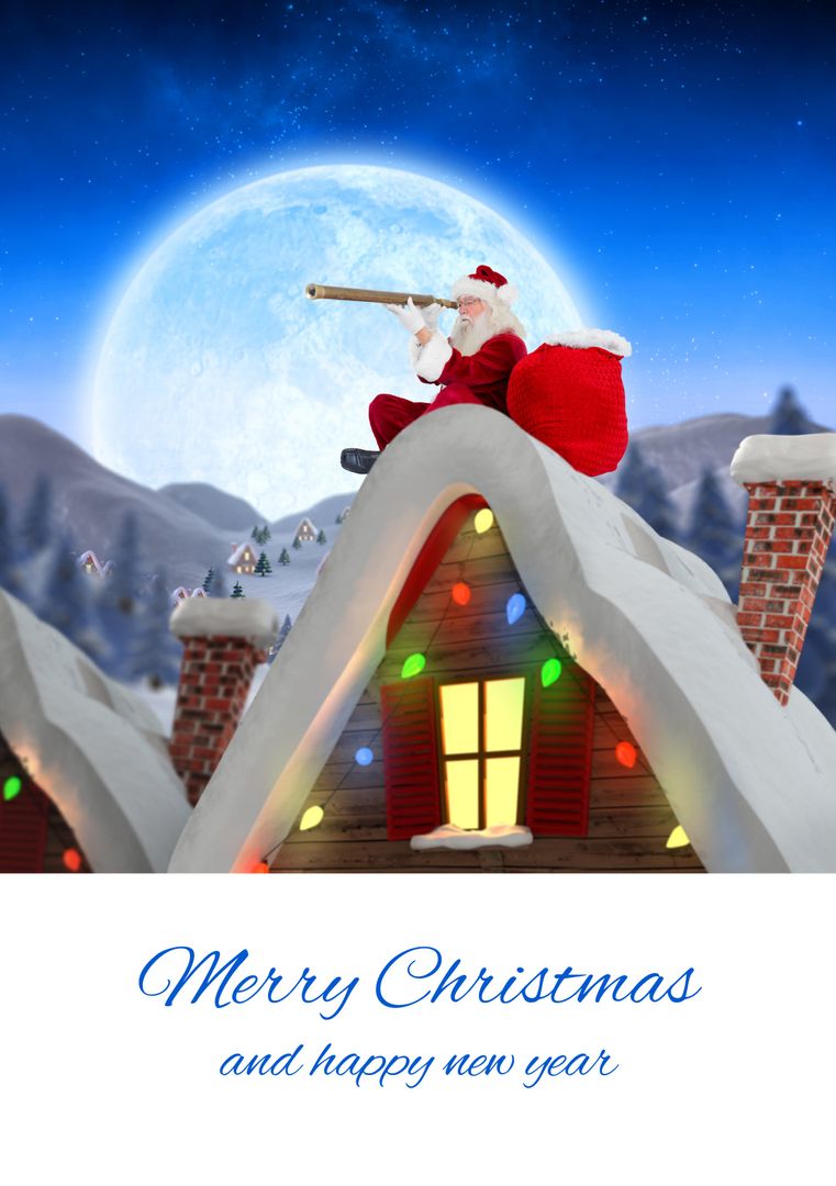 Santa Claus Watching Stars on Snowy Rooftop with Full Moon