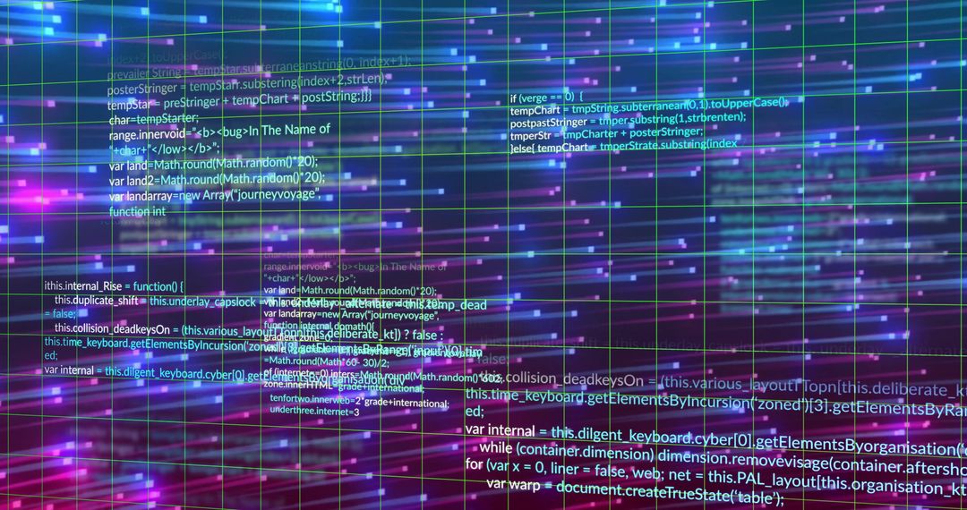 Digital Code Overlay on Colorful Grid Backdrop