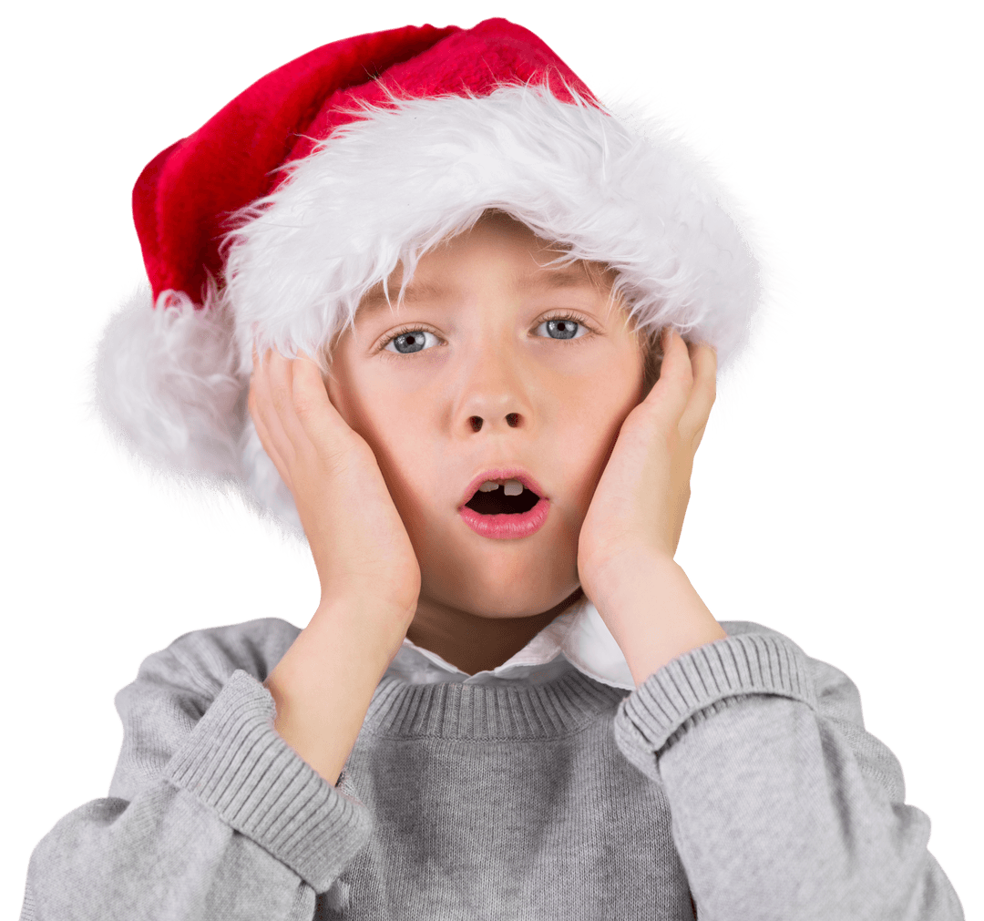 Surprised Boy Wearing Santa Hat on Transparent Background for Holiday Designs