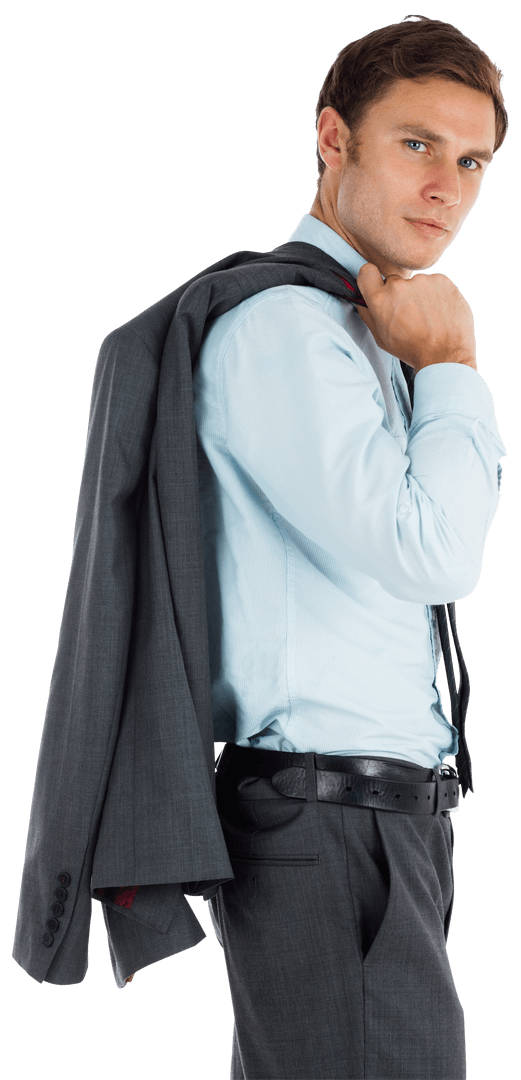 Confident Businessman Holding Jacket on Shoulder with Transparent Background