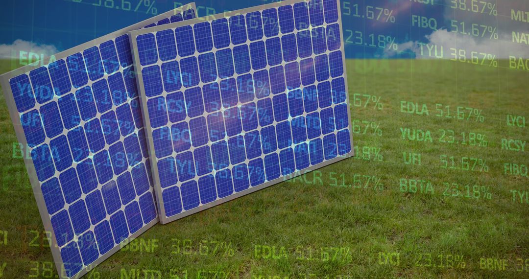 Solar Panels With Digital Data Overlay and Grass Background - Free Images, Stock Photos and Pictures on Pikwizard.com