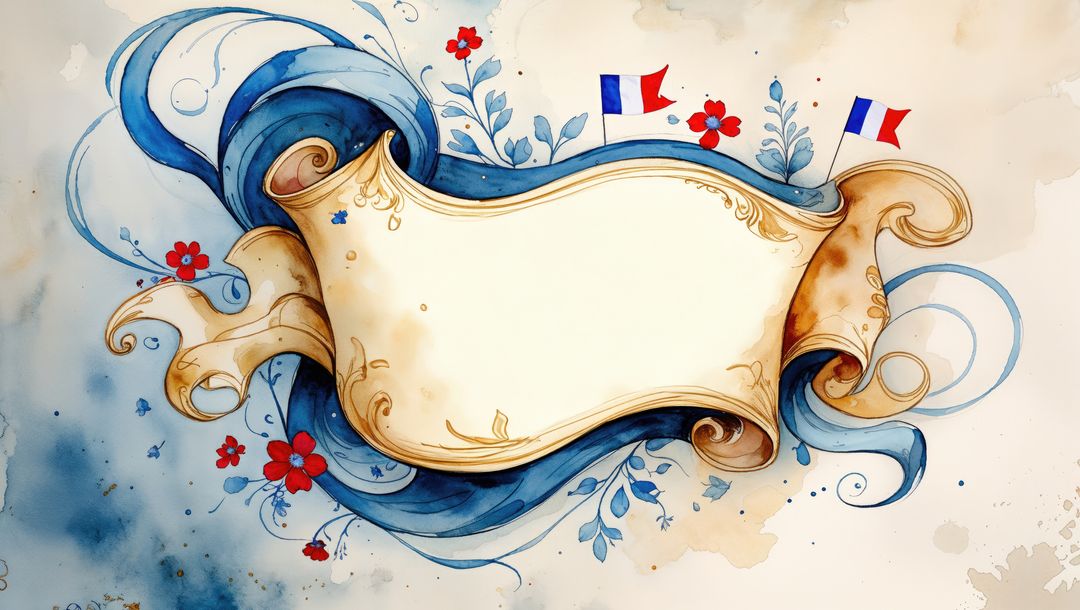 Vintage Scroll Banner with French Flags and Floral Motifs