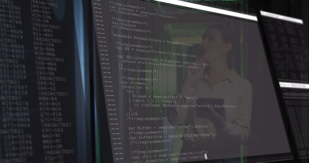 Female IT Engineer Analyzing Code on Monitors Off Data Center