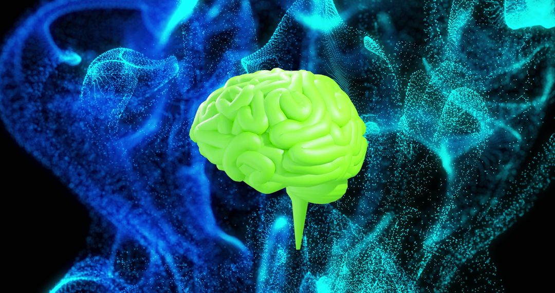 Glowing Green Brain with Digital Blue Particles